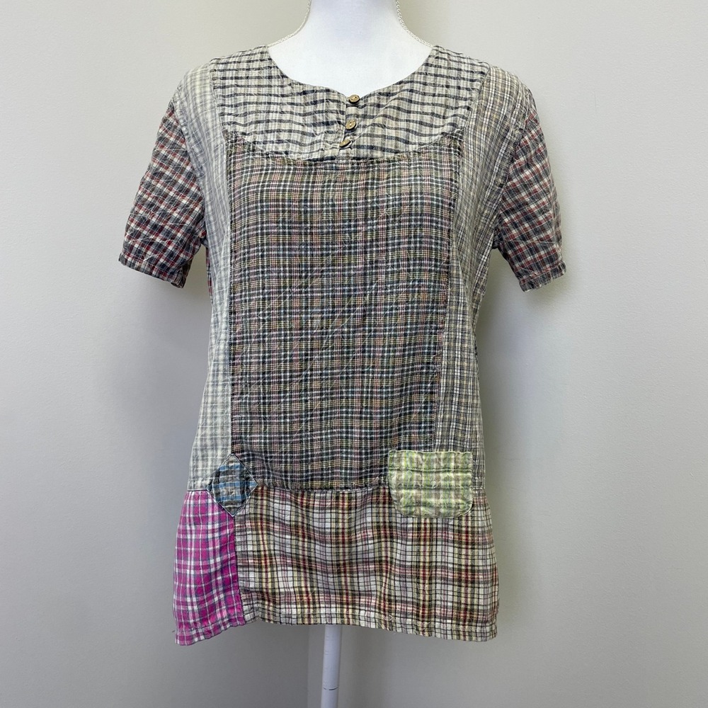 Sacred Threads Plaid Patchwork Tunic Top Cotton Boho Short Sleeve Multi-Color M